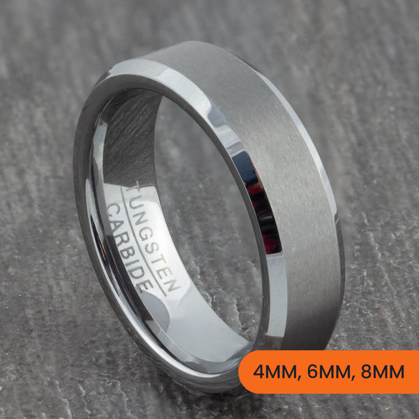 Silver Tungsten Court Ring with Bevelled Edges – 4mm, 6mm, 8mm
