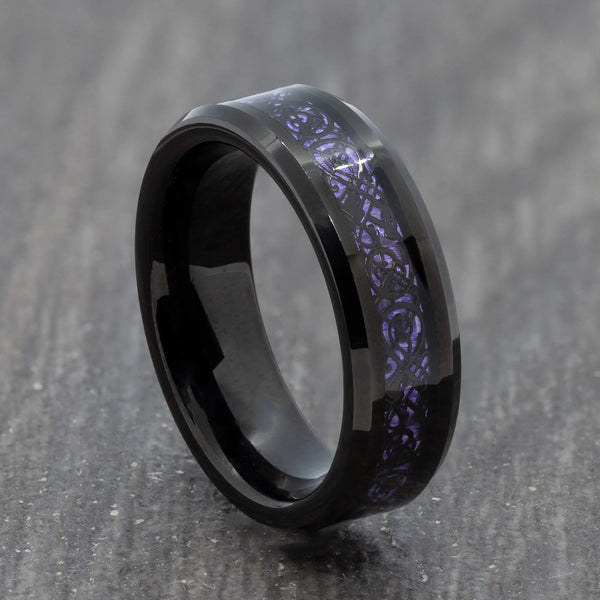 6mm Black Tungsten Ring with Purple Carbon & Celtic Detail