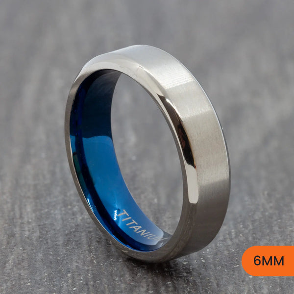 Silver Titanium Brushed Ring with Blue Inner & Bevelled Edges – 4mm, 6mm, 8mm