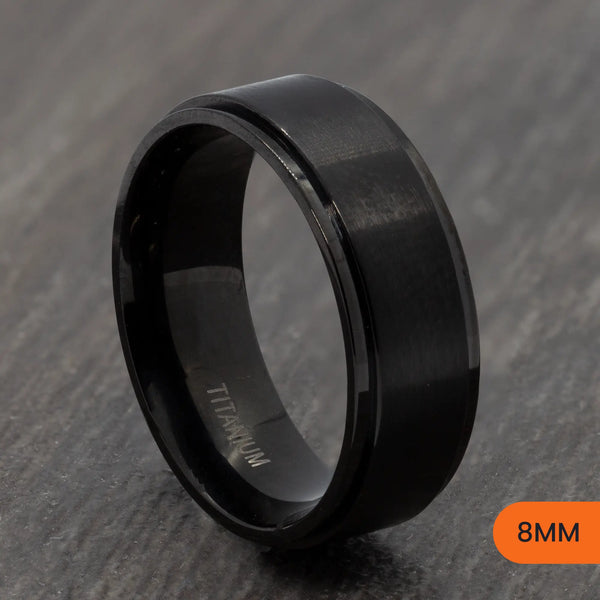 Black Titanium Court Ring with Stepped Edges – 4mm, 6mm, 8mm