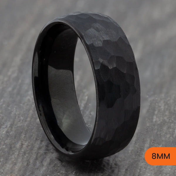 Black Tungsten Hammered Court Ring – 4mm, 6mm, 8mm