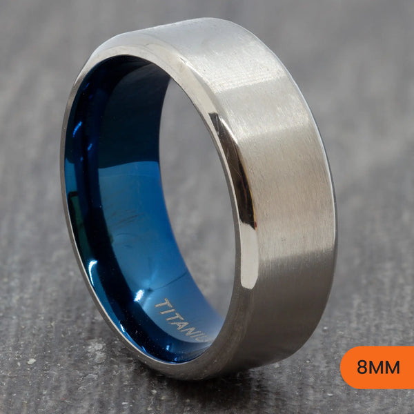 Silver Titanium Brushed Ring with Blue Inner & Bevelled Edges – 4mm, 6mm, 8mm