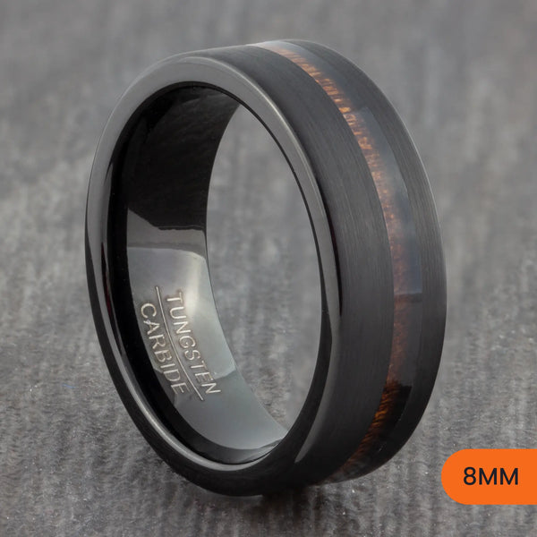 Black Tungsten Court Ring with Off-Centre Wood Inlay – 6mm, 8mm