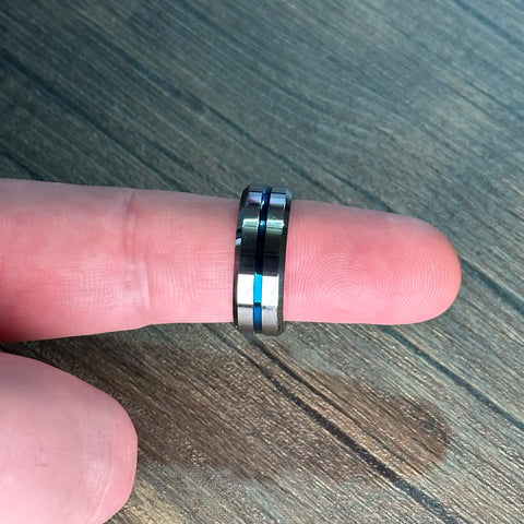 Silver 8mm Tungsten Ring with Blue Groove