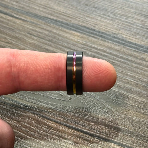 8mm Black Tungsten Ring with Rainbow Groove