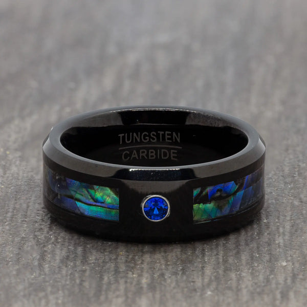 Black Tungsten Ring with Abalone and Blue CZ