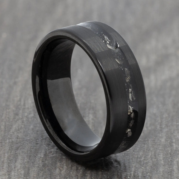 Black Tungsten Ring with Off-Centre Meteorite Inlay