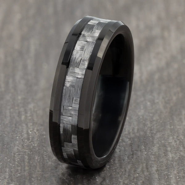 6mm Black Tungsten Ring with Grey Carbon Fibre