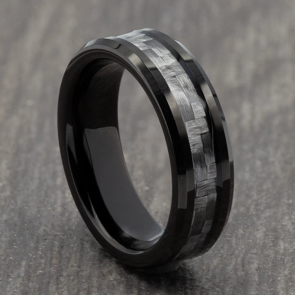 6mm Black Tungsten Ring with Grey Carbon Fibre