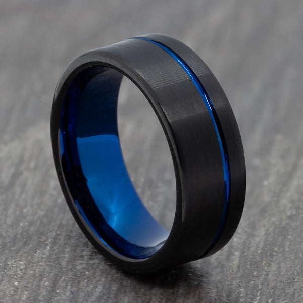 Black Tungsten Ring with Blue Groove
