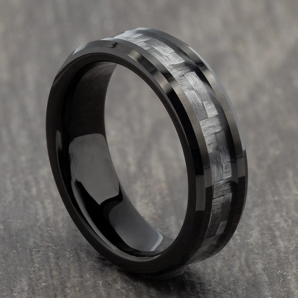 6mm Black Tungsten Ring with Grey Carbon Fibre
