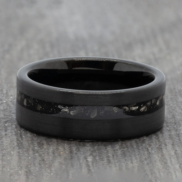 Black Tungsten Ring with Off-Centre Meteorite Inlay
