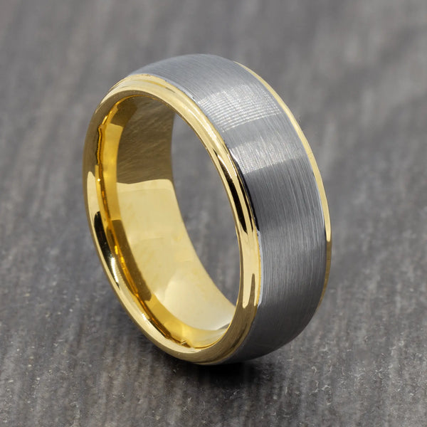 Gold 8mm Tungsten Ring with Brushed Silver Centre