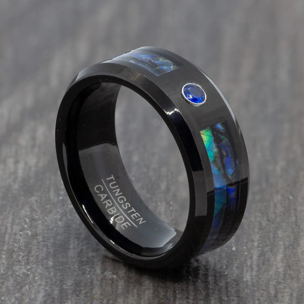 Black Tungsten Ring with Abalone and Blue CZ