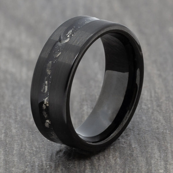 Black Tungsten Ring with Off-Centre Meteorite Inlay