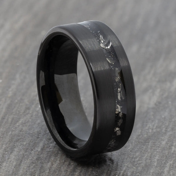 Black Tungsten Ring with Off-Centre Meteorite Inlay