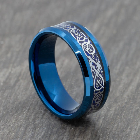 8mm Silver & Blue Celtic Tungsten Ring