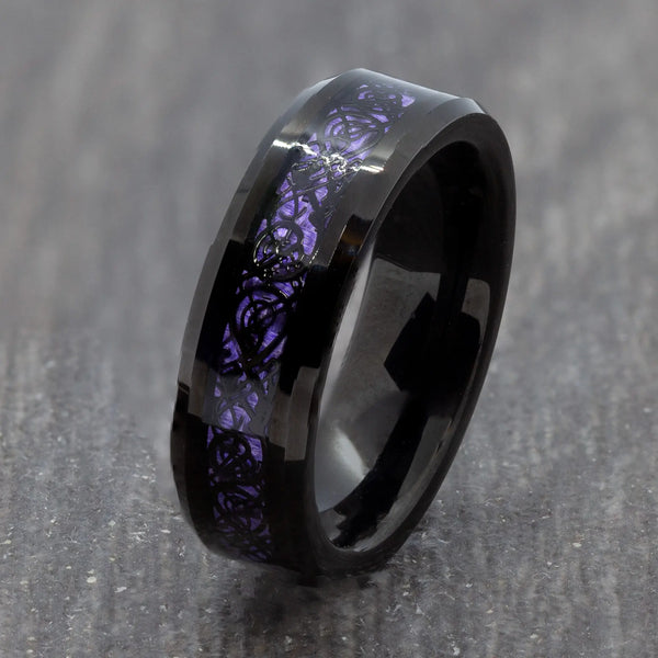 6mm Black Tungsten Ring with Purple Carbon & Celtic Detail