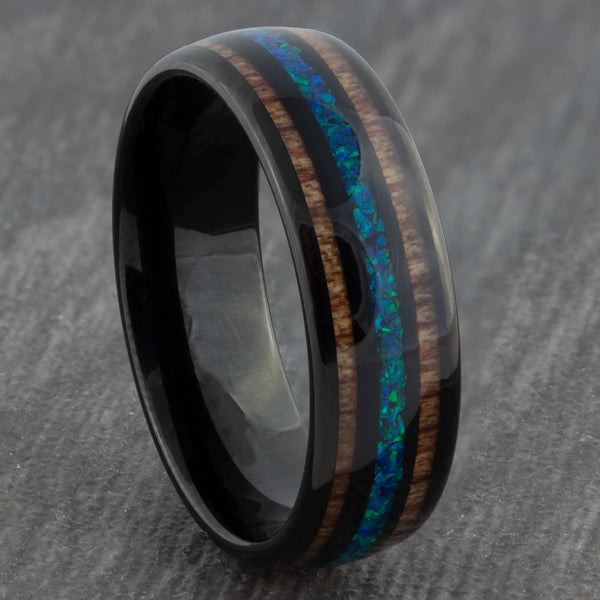 Black 8mm Tungsten Ring with Blue Opal & Wood Inlays