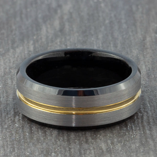 Three Colour Tungsten Ring with Polished Gold Groove