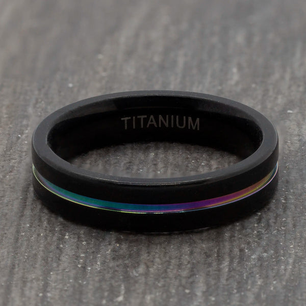 Black 5mm Titanium Ring With Rainbow Groove