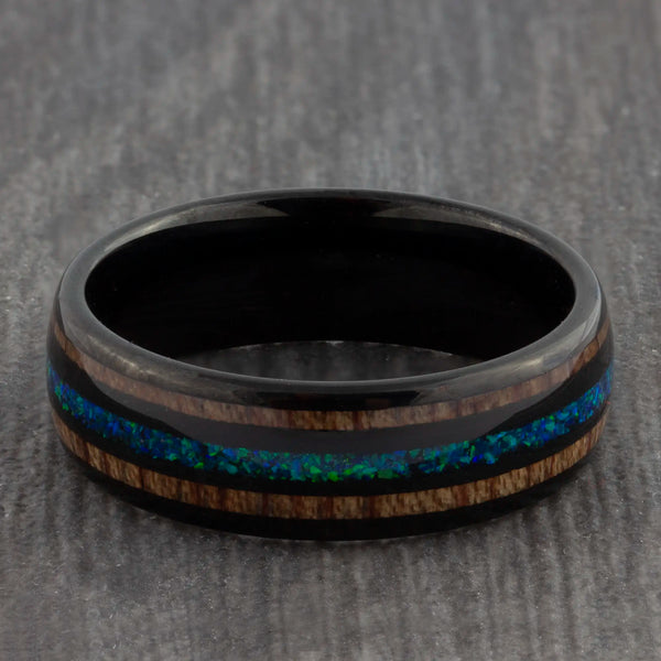 Black 8mm Tungsten Ring with Blue Opal & Wood Inlays