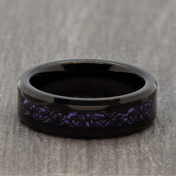 6mm Black Tungsten Ring with Purple Carbon & Celtic Detail