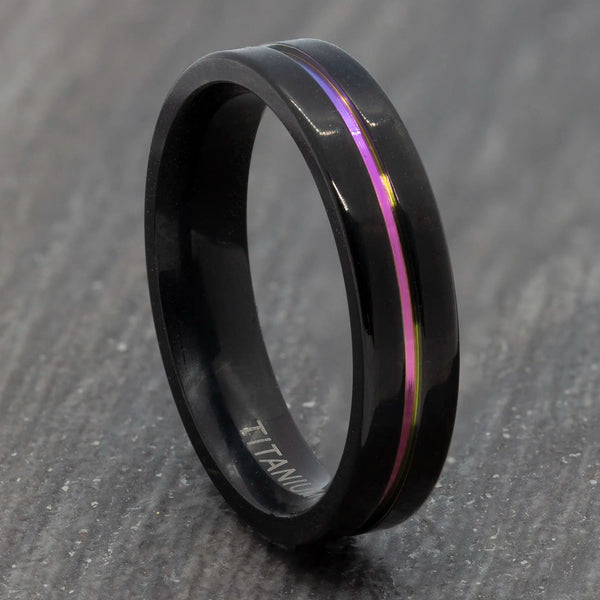 Black 5mm Titanium Ring With Rainbow Groove