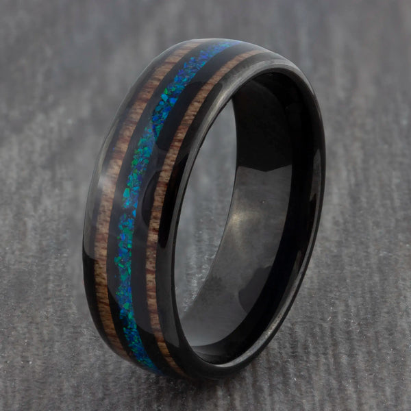 Black 8mm Tungsten Ring with Blue Opal & Wood Inlays