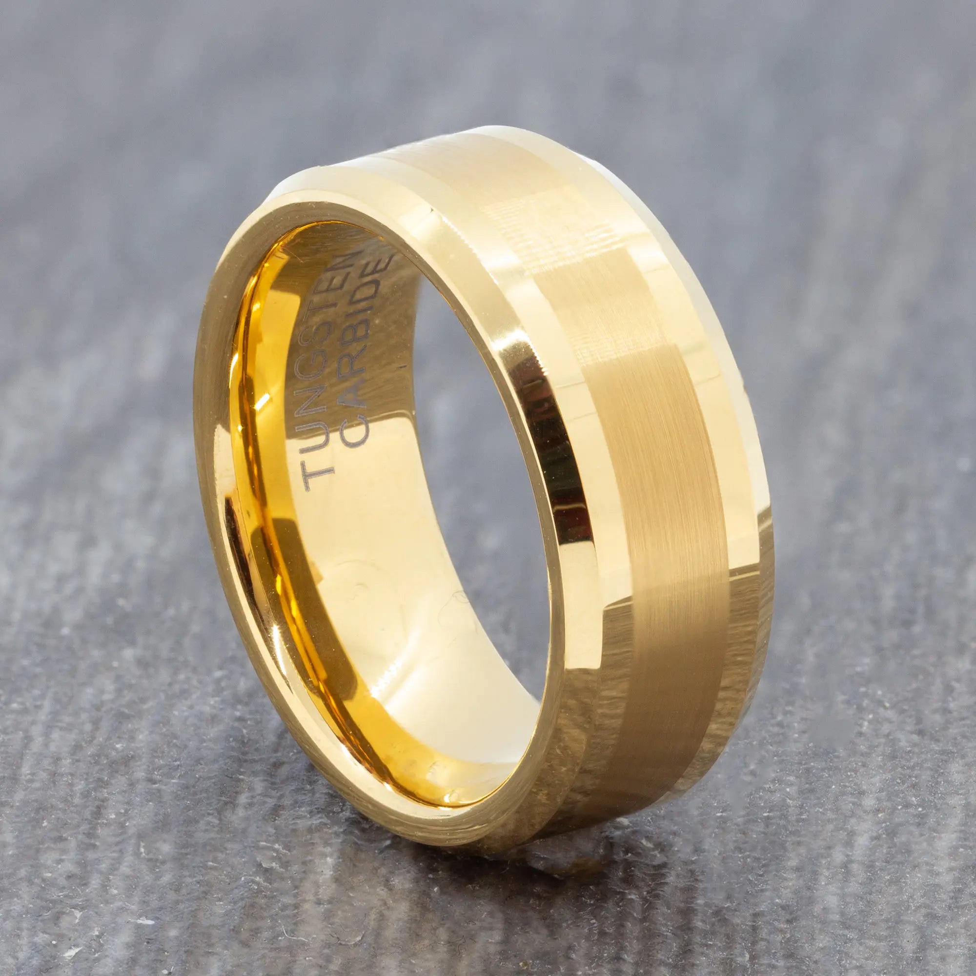 8mm Men's Gold Plated Tungsten Carbide Wedding Ring – Brushed Matte With Grooved Center, Cobalt Free, Comfort Fit