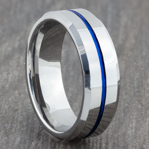 silver tungsten ring blue inlay
