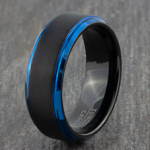 tungsten carbide ring with blue bevelled edges