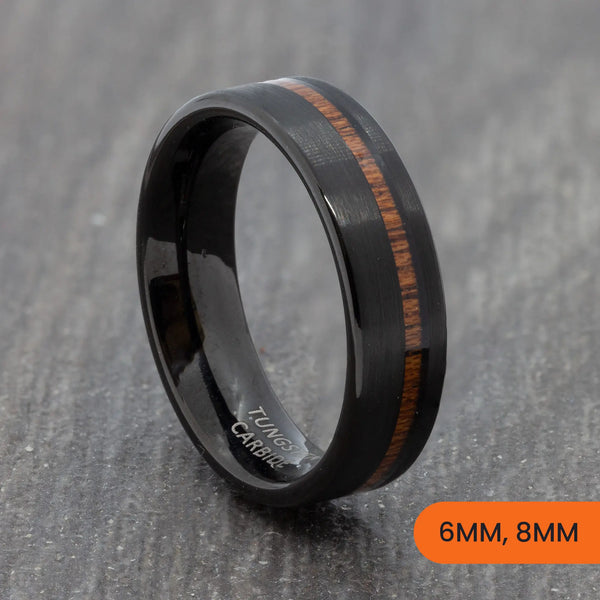 Black Tungsten Court Ring with Off-Centre Wood Inlay – 6mm, 8mm