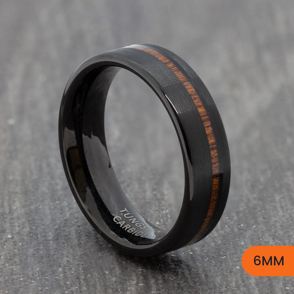 Black Tungsten Court Ring with Off-Centre Wood Inlay – 6mm, 8mm