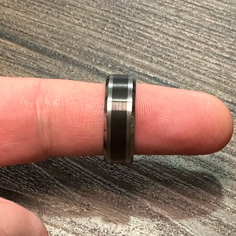 Silver Tungsten Ring with Black Brushed Inlay