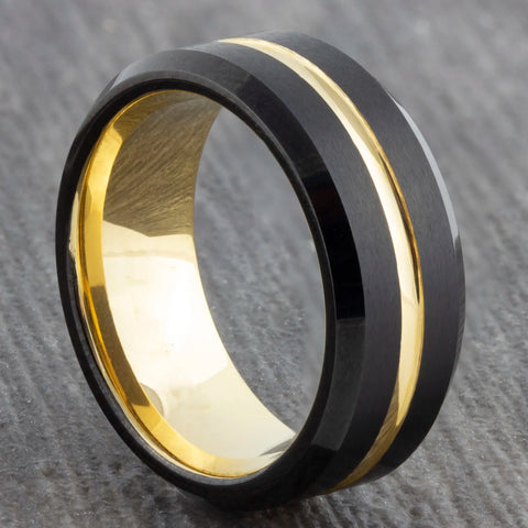 Black Tungsten Ring with Gold Groove