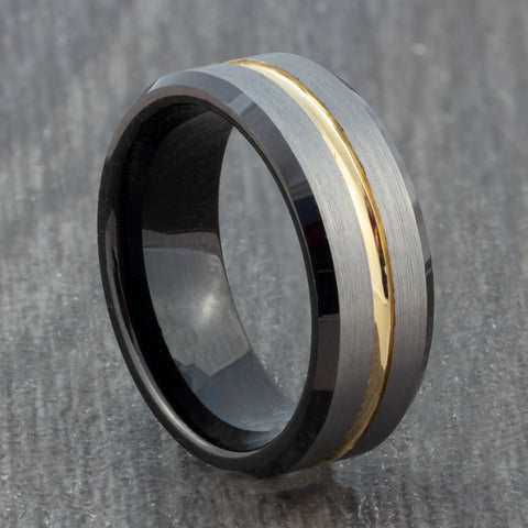 Three Colour Tungsten Ring with Polished Gold Groove