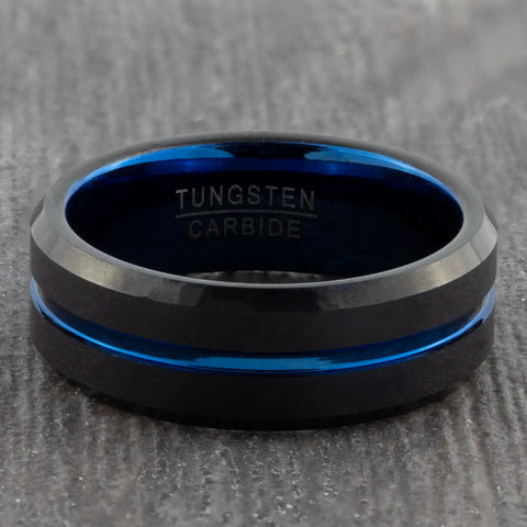 Black Tungsten Ring with Polished Blue Groove