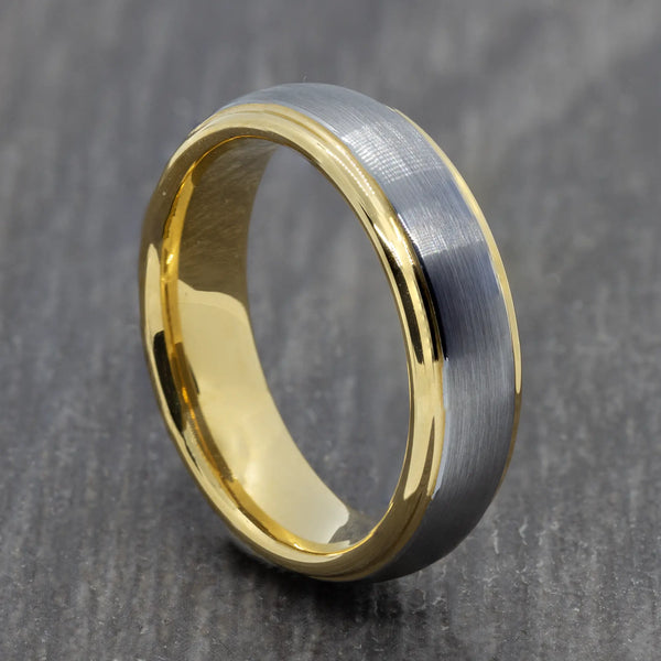 Gold 6mm Tungsten Ring with Brushed Silver Centre