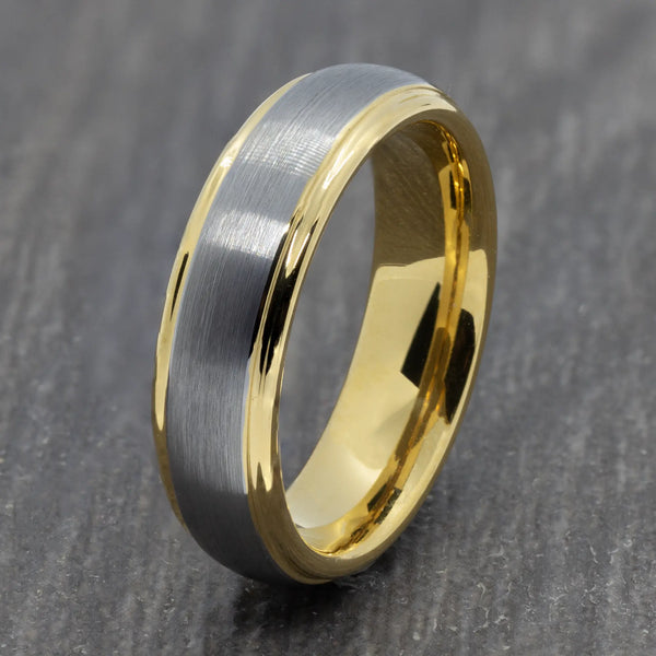 Gold 6mm Tungsten Ring with Brushed Silver Centre
