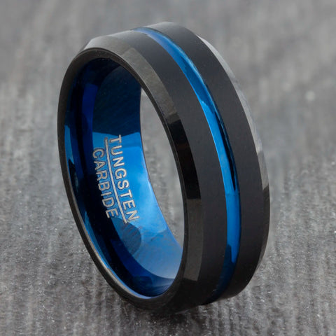 black tungsten band with blue elipse