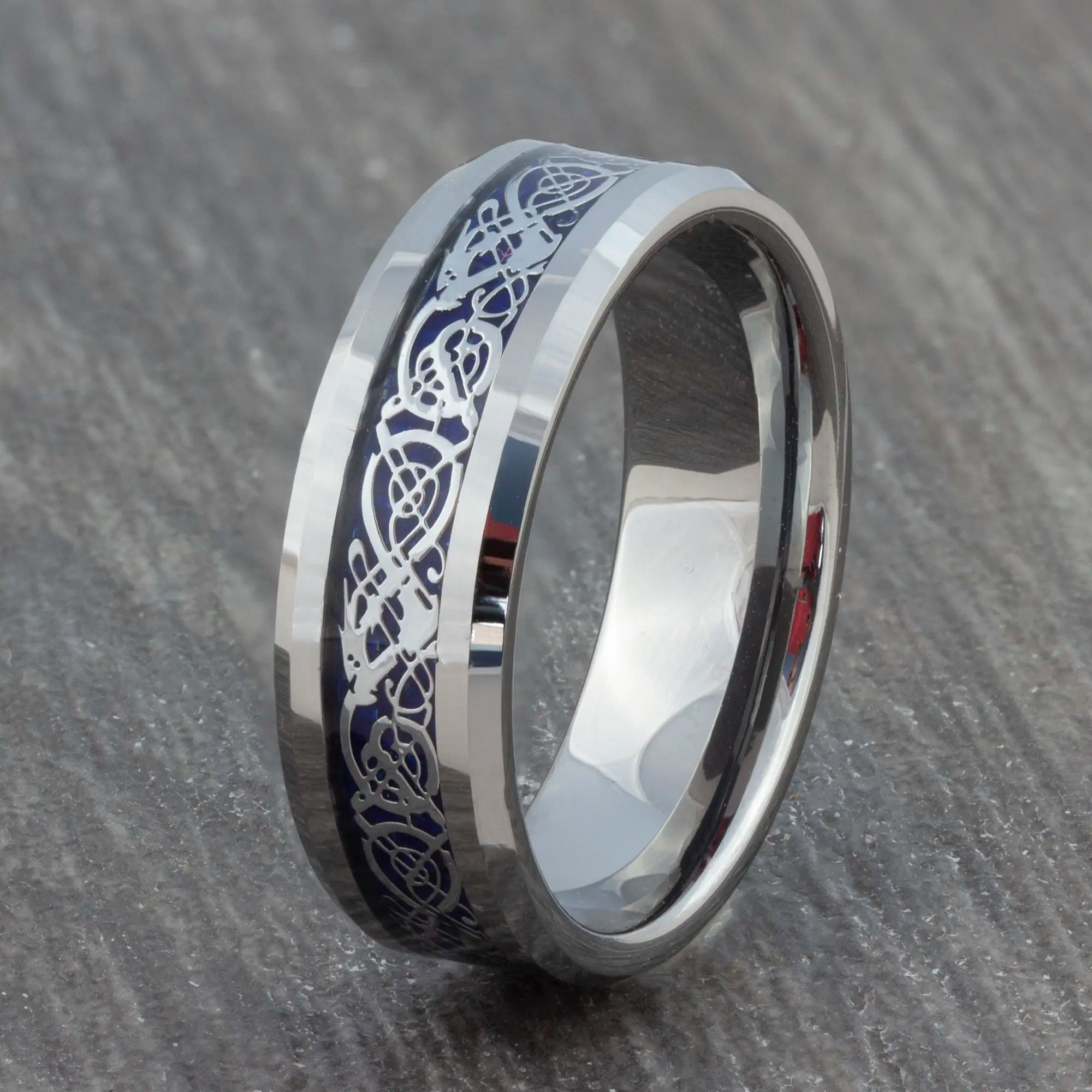 Cloud Dancer Catfish Tungsten Ring – Men’s Wedding Band, Engraved, Silver Bevel Design